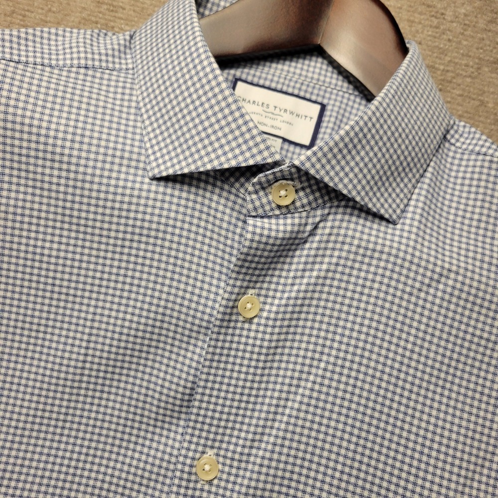 Charles Tyrwhitt Dress Shirt Mens 17.5 34 Blue White Check Non-Iron Classic Fit